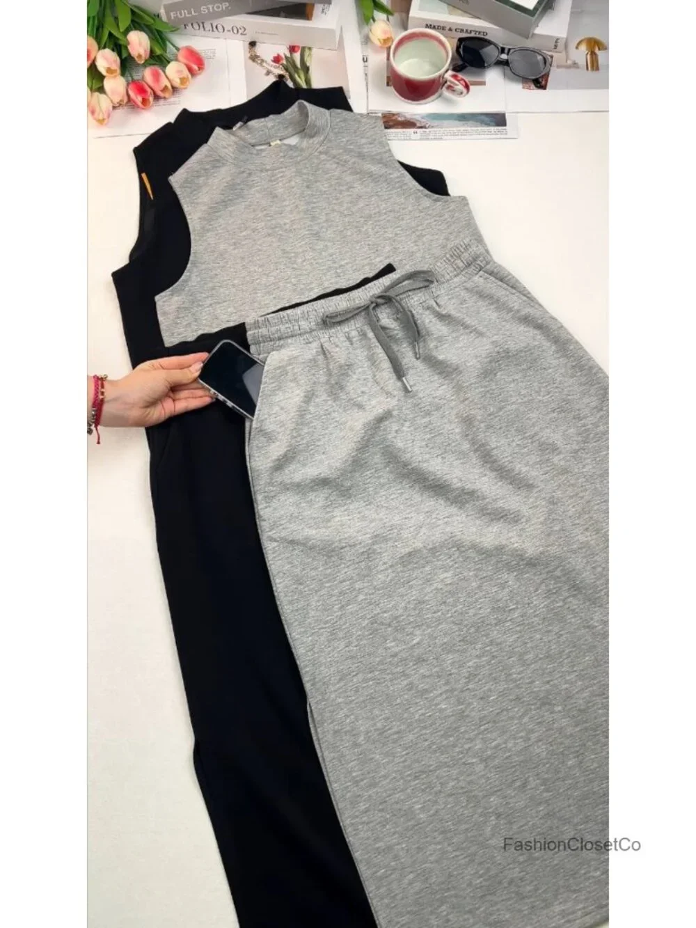 Sleeveless Mock Neck Crop Top & Split Maxi Skirt Set with Pockets